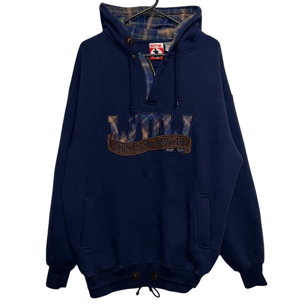 Vintage 90s Walt Disney World WDW Mickey Inc Embroidered Plaid Hoodie XL